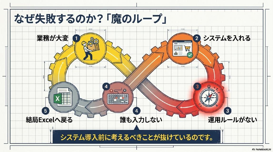 なぜ失敗するのか？「魔のループ」。①業務が大変→②システムを入れる→③運用ルールがない→④誰も入力しない→⑤結局Excelへ戻る→①に戻る。システム導入前に考えるべきことが抜けているのです。