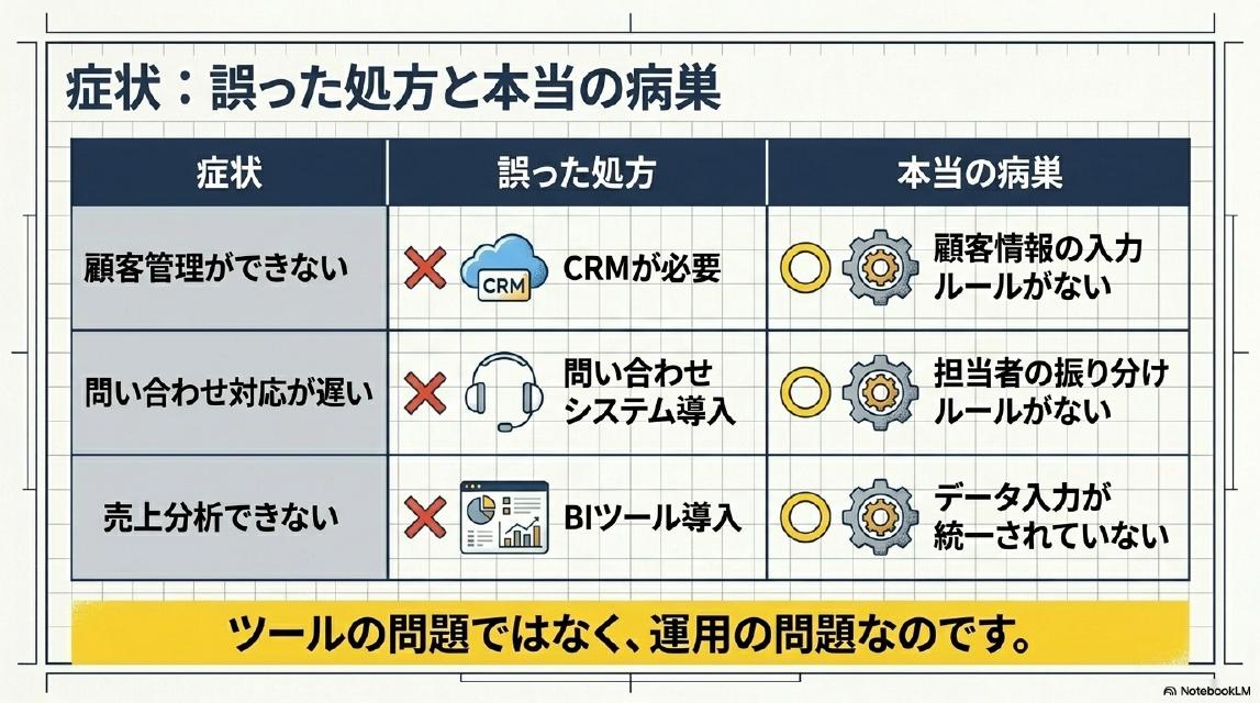 症状：誤った処方と本当の病巣。顧客管理ができない→×CRMが必要→○顧客情報の入力ルールがない。問い合わせ対応が遅い→×問い合わせシステム導入→○担当者の振り分けルールがない。売上分析できない→×BIツール導入→○データ入力が統一されていない。ツールの問題ではなく、運用の問題なのです。