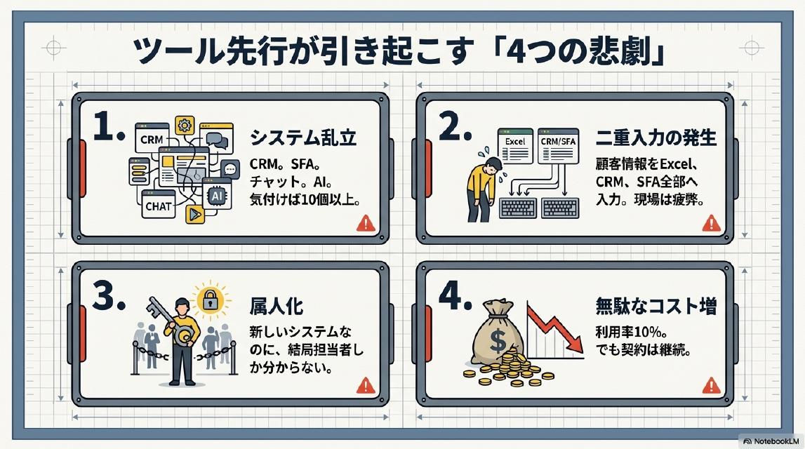 ツール先行が引き起こす「4つの悲劇」。1.システム乱立（CRM・SFA・チャット・AI。気付けば10個以上）。2.二重入力の発生（顧客情報をExcel・CRM・SFA全部へ入力。現場は疲弊）。3.属人化（新しいシステムなのに、結局担当者しか分からない）。4.無駄なコスト増（利用率10%。でも契約は継続）。