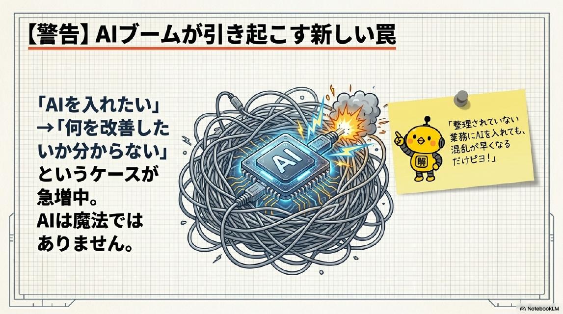 【警告】AIブームが引き起こす新しい罠。「AIを入れたい」→「何を改善したいか分からない」というケースが急増中。AIは魔法ではありません。カイピヨくん：「整理されていない業務にAIを入れても、混乱が早くなるだけピヨ！」