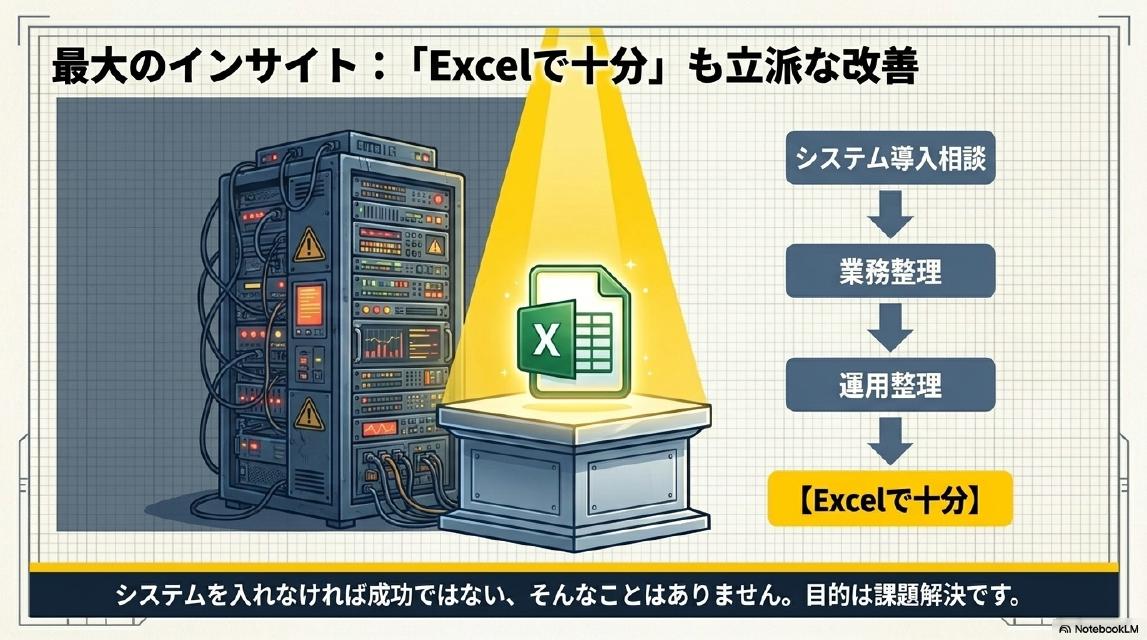 最大のインサイト：「Excelで十分」も立派な改善。システム導入相談→業務整理→運用整理→【Excelで十分】。システムを入れなければ成功ではない、そんなことはありません。目的は課題解決です。