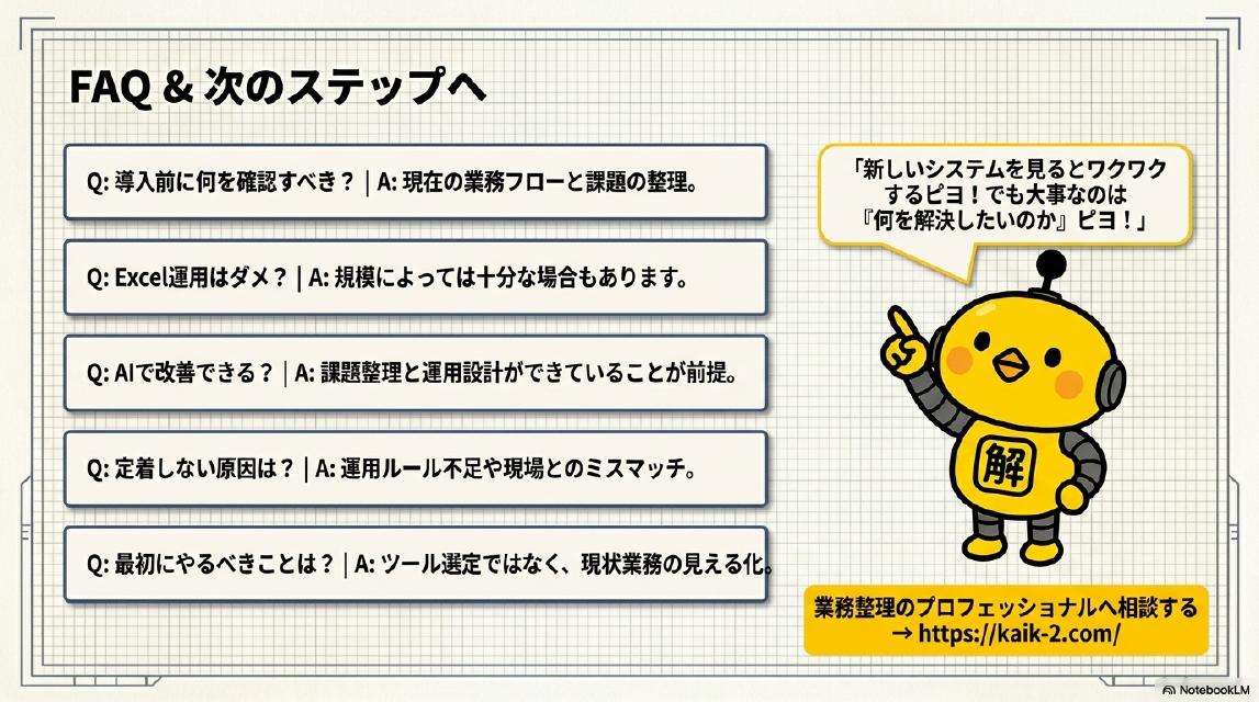 FAQ&次のステップ。Q:導入前に何を確認すべき？A:現在の業務フローと課題の整理。Q:Excel運用はダメ？A:規模によっては十分な場合もあります。Q:AIで改善できる？A:課題整理と運用設計ができていることが前提。Q:定着しない原因は？A:運用ルール不足や現場とのミスマッチ。Q:最初にやるべきことは？A:ツール選定ではなく、現状業務の見える化。業務整理のプロフェッショナルへ相談する→https://kaik-2.com/