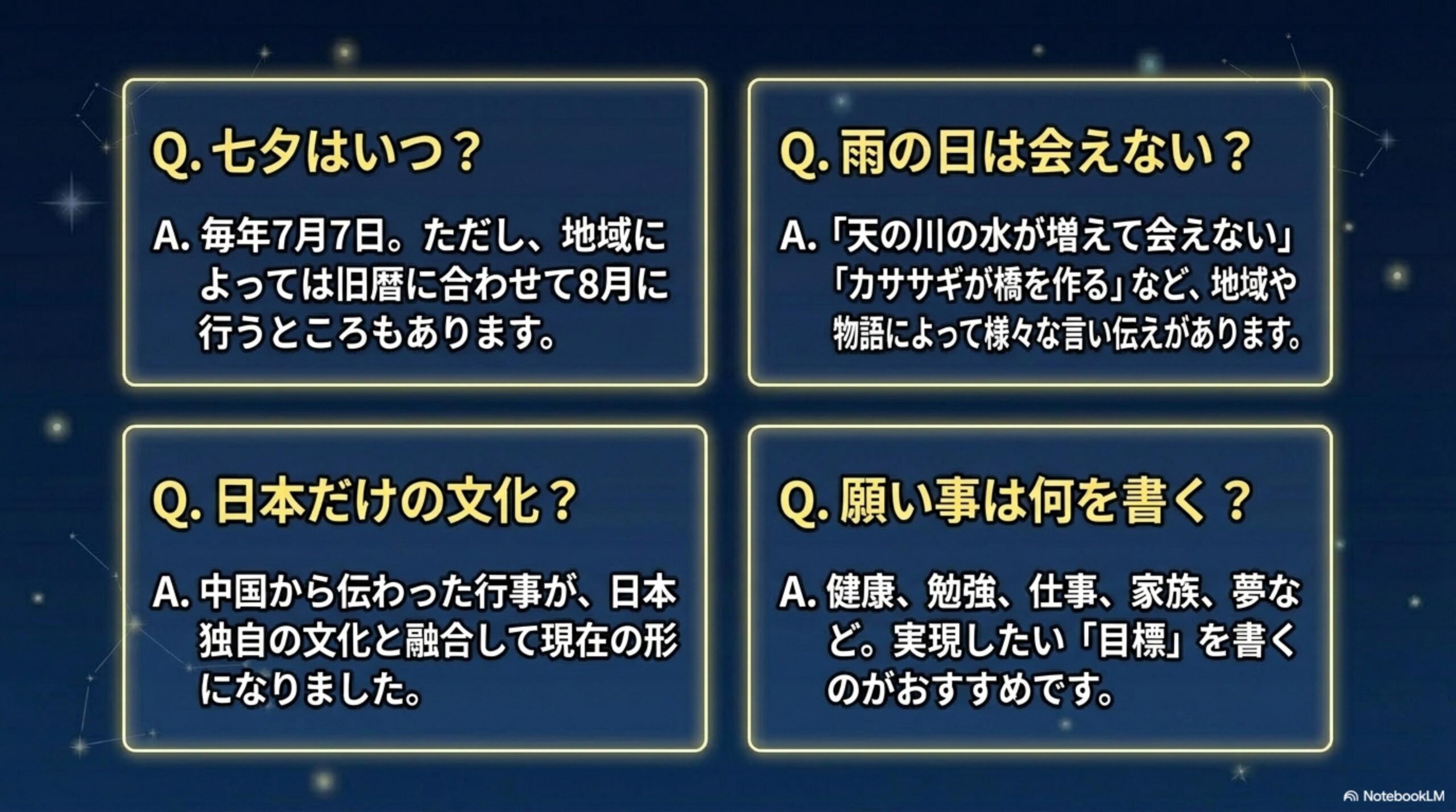 七夕FAQ：七夕はいつ？雨の日は会えない？日本だけの文化？願い事は何を書く？