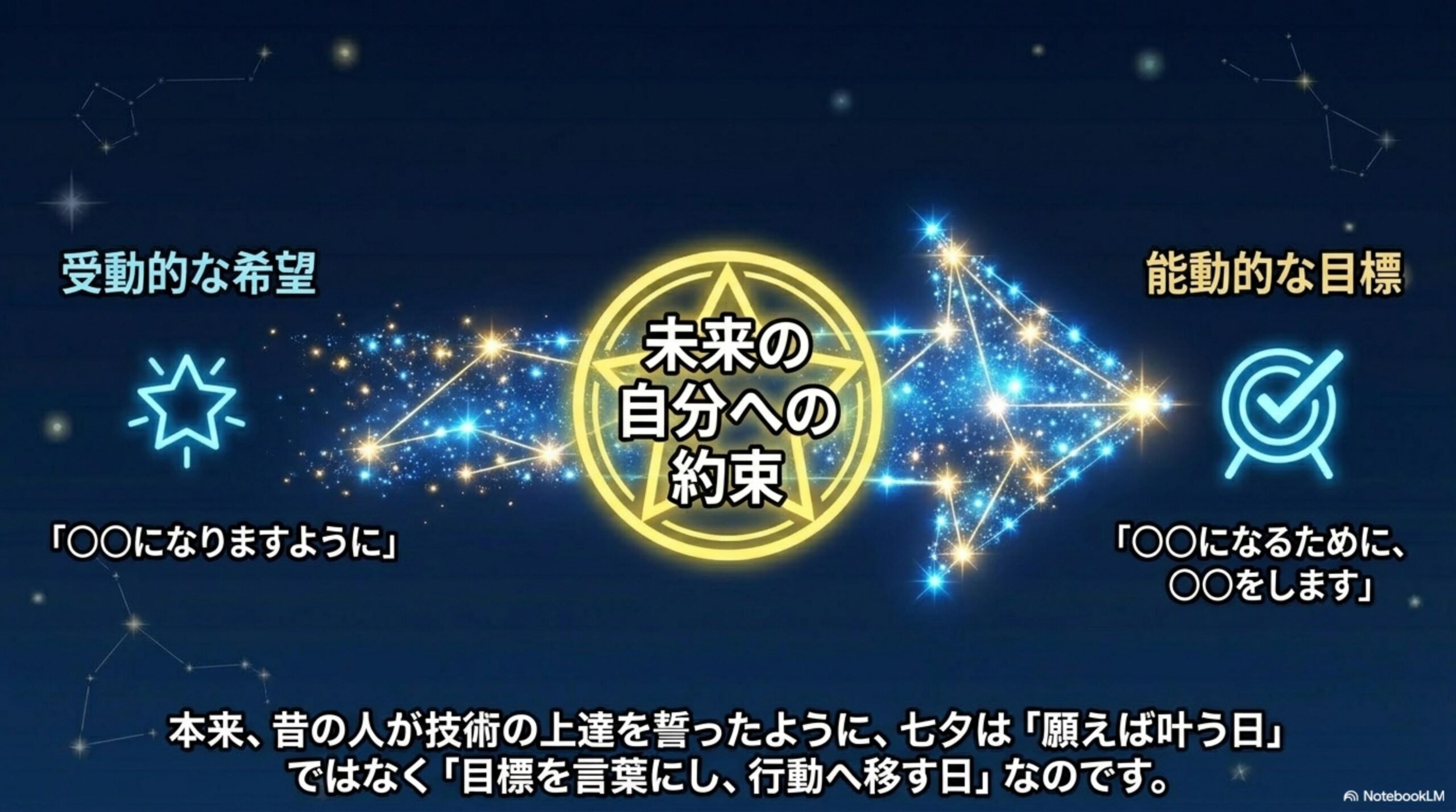 受動的な希望「◯◯になりますように」→未来の自分への約束→能動的な目標「◯◯になるために、◯◯をします」。本来、昔の人が技術の上達を誓ったように、七夕は「願えば叶う日」ではなく「目標を言葉にし、行動へ移す日」なのです。