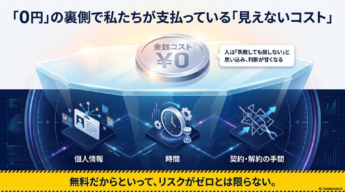 「0円」の裏側で私たちが支払っている「見えないコスト」。金銭コスト¥0。人は失敗しても損しないと思い込み判断が甘くなる。水面下には：個人情報・時間・契約・解約の手間。無料だからといって、リスクがゼロとは限らない。