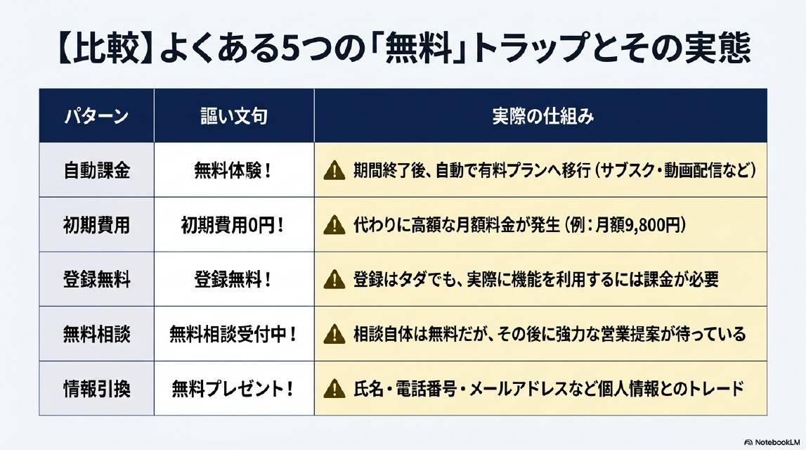 【比較】よくある5つの無料トラップとその実態。自動課金：無料体験！→期間終了後、自動で有料プランへ移行（サブスク・動画配信など）。初期費用：初期費用0円！→代わりに高額な月額料金が発生（例：月額9800円）。登録無料：登録無料！→登録はタダでも実際に機能を利用するには課金が必要。無料相談：無料相談受付中！→相談自体は無料だがその後に強力な営業提案が待っている。情報引換：無料プレゼント！→氏名・電話番号・メールアドレスなど個人情報とのトレード。