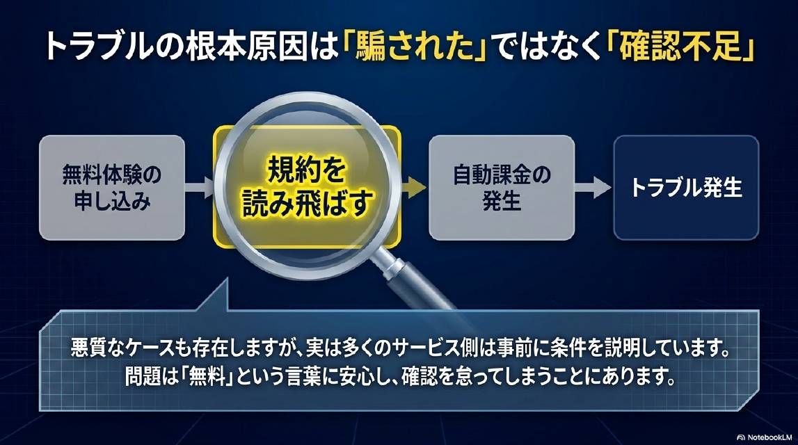 トラブルの根本原因は「騙された」ではなく「確認不足」。無料体験の申し込み→規約を読み飛ばす（ここが問題）→自動課金の発生→トラブル発生。悪質なケースも存在しますが、実は多くのサービス側は事前に条件を説明しています。問題は「無料」という言葉に安心し確認を怠ってしまうことにあります。