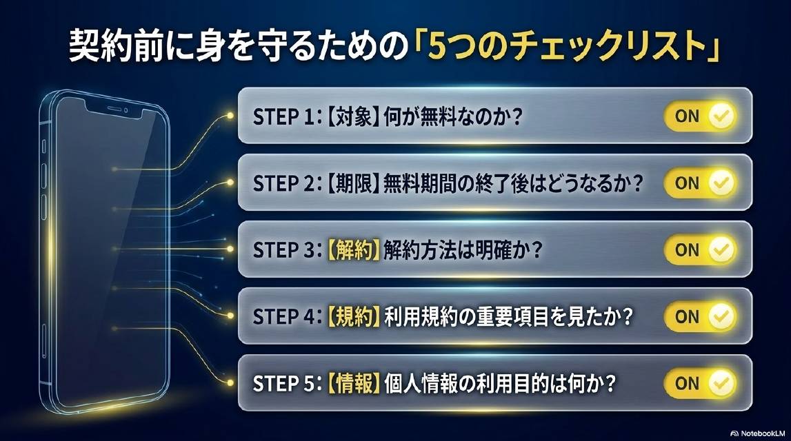 契約前に身を守るための「5つのチェックリスト」。STEP1【対象】何が無料なのか？ON。STEP2【期限】無料期間の終了後はどうなるか？ON。STEP3【解約】解約方法は明確か？ON。STEP4【規約】利用規約の重要項目を見たか？ON。STEP5【情報】個人情報の利用目的は何か？ON。
