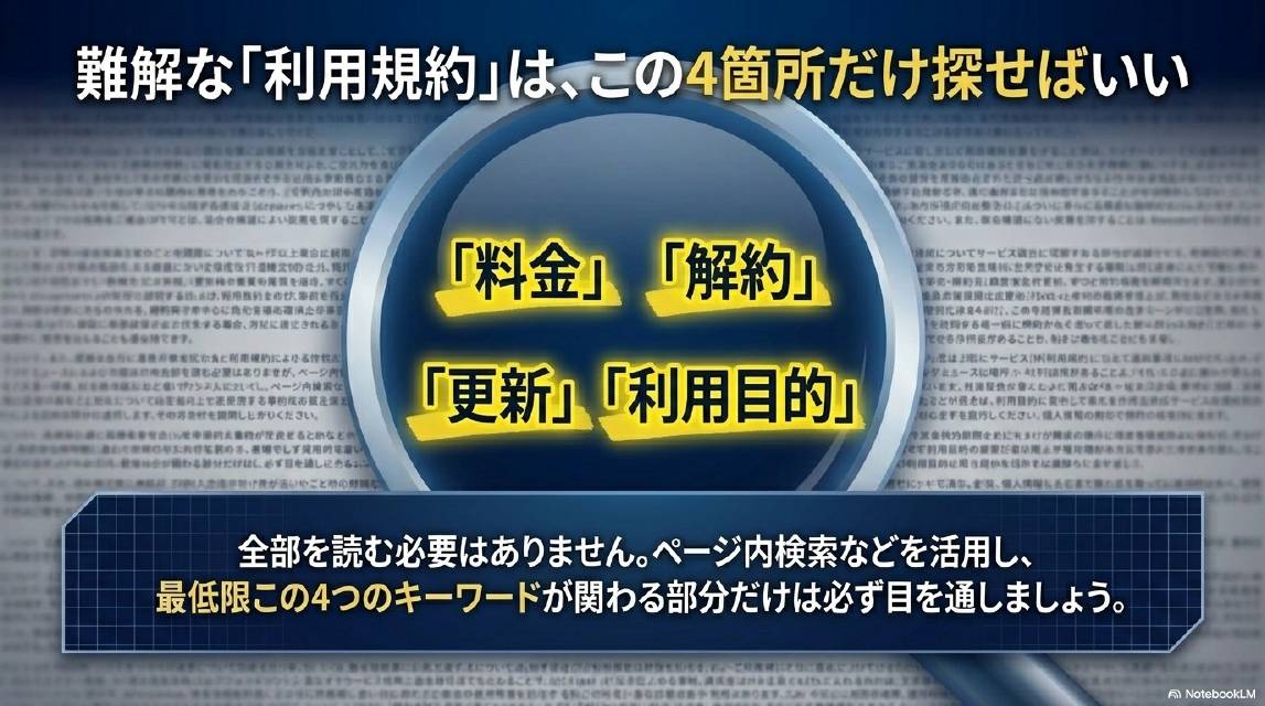 難解な利用規約はこの4箇所だけ探せばいい。「料金」「解約」「更新」「利用目的」。全部を読む必要はありません。ページ内検索などを活用し、最低限この4つのキーワードが関わる部分だけは必ず目を通しましょう。