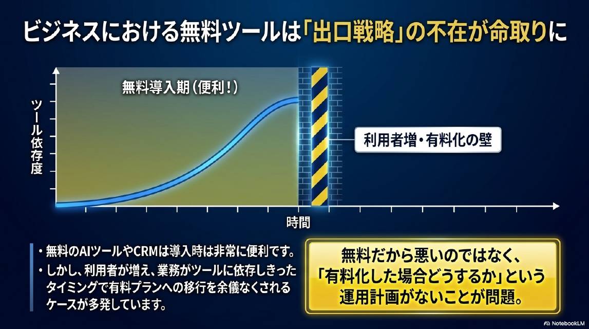 ビジネスにおける無料ツールは「出口戦略」の不在が命取りに。無料導入期（便利！）からツール依存度が高まり、利用者増・有料化の壁にぶつかる。無料のAIツールやCRMは導入時は非常に便利。しかし利用者が増え業務がツールに依存しきったタイミングで有料プランへの移行を余儀なくされるケースが多発している。無料だから悪いのではなく、有料化した場合どうするかという運用計画がないことが問題。