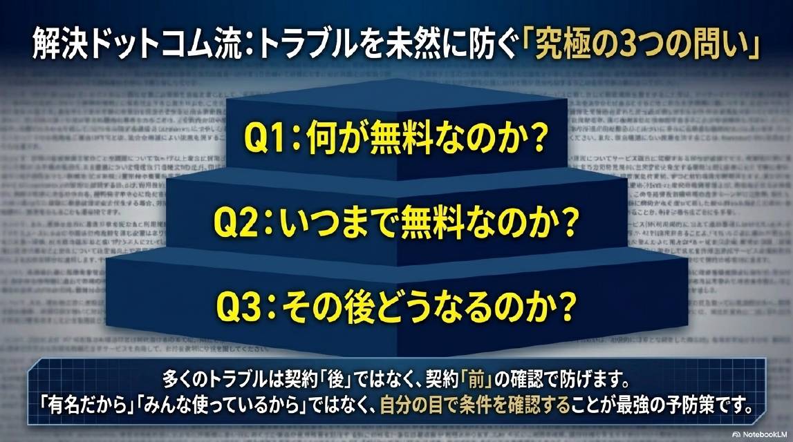 解決ドットコム流：トラブルを未然に防ぐ「究極の3つの問い」。Q1：何が無料なのか？Q2：いつまで無料なのか？Q3：その後どうなるのか？多くのトラブルは契約「後」ではなく契約「前」の確認で防げます。有名だから・みんな使っているからではなく、自分の目で条件を確認することが最強の予防策です。