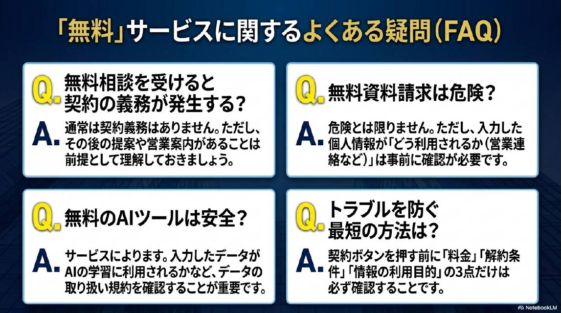 「無料」サービスに関するよくある疑問（FAQ）。Q：無料相談を受けると契約の義務が発生する？A：通常は契約義務はありません。ただし、その後の提案や営業案内があることは前提として理解しておきましょう。Q：無料資料請求は危険？A：危険とは限りません。ただし入力した個人情報が「どう利用されるか（営業連絡など）」は事前に確認が必要です。Q：無料のAIツールは安全？A：サービスによります。入力したデータがAIの学習に利用されるかなど、データの取り扱い規約を確認することが重要です。Q：トラブルを防ぐ最短の方法は？A：契約ボタンを押す前に「料金」「解約条件」「情報の利用目的」の3点だけは必ず確認することです。