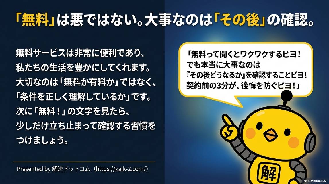 「無料」は悪ではない。大事なのは「その後」の確認。無料サービスは非常に便利であり、私たちの生活を豊かにしてくれます。大切なのは「無料か有料か」ではなく「条件を正しく理解しているか」です。次に「無料！」の文字を見たら少しだけ立ち止まって確認する習慣をつけましょう。カイピヨくん：無料って聞くとワクワクするピヨ！でも本当に大事なのは「その後どうなるか」を確認することピヨ！契約前の3分が後悔を防ぐピヨ！