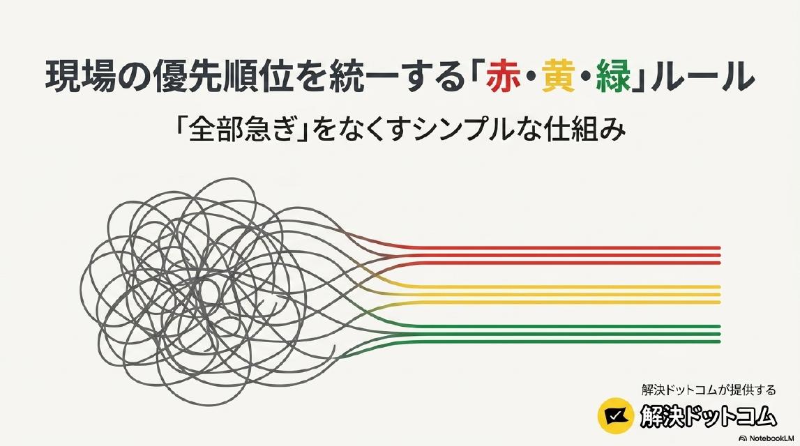 現場の優先順位を統一する「赤・黄・緑」ルール｜「全部急ぎ」をなくすシンプルな仕組み｜解決ドットコムが提供する