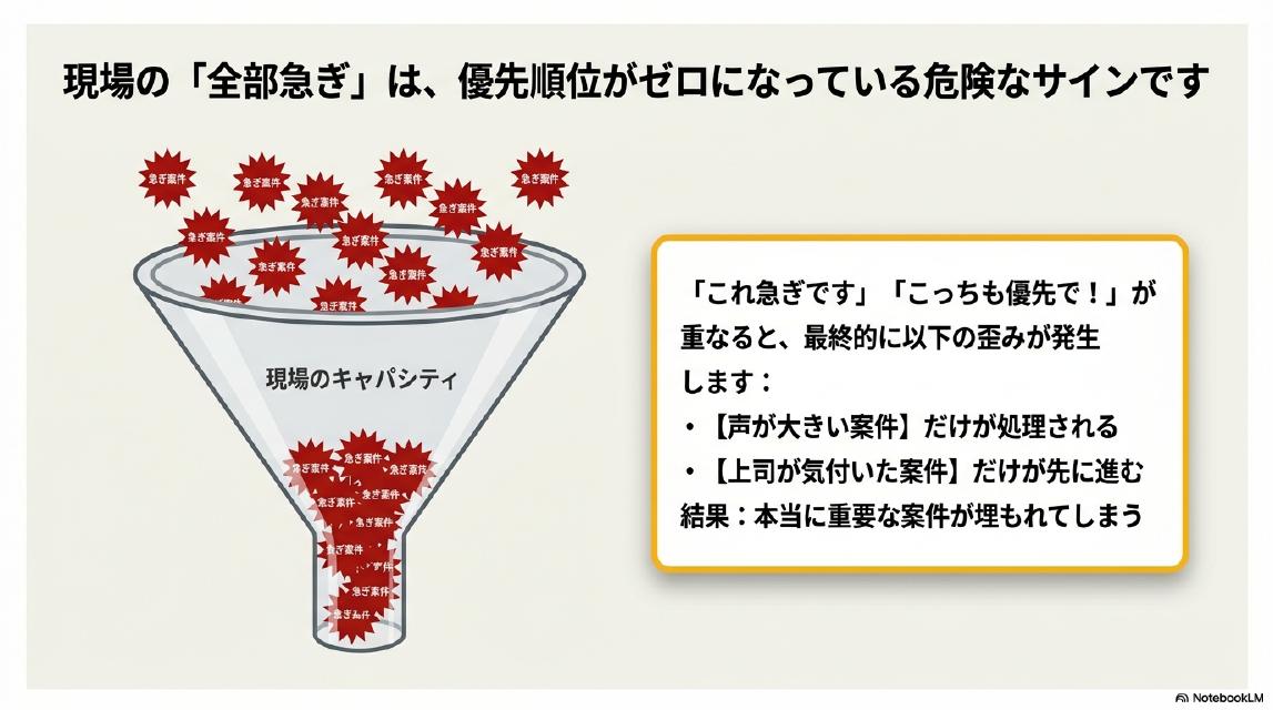 現場の「全部急ぎ」は、優先順位がゼロになっている危険なサインです。「これ急ぎです」「こっちも優先で！」が重なると：【声が大きい案件】だけが処理される・【上司が気付いた案件】だけが先に進む。結果：本当に重要な案件が埋もれてしまう。