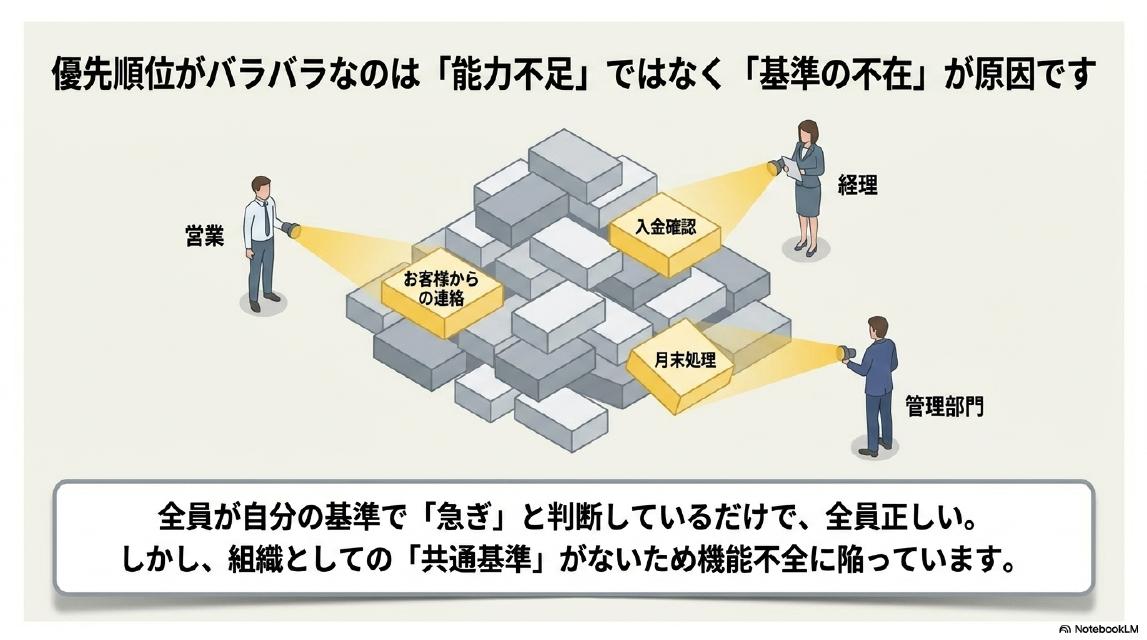 優先順位がバラバラなのは「能力不足」ではなく「基準の不在」が原因です。営業は「お客様からの連絡」を急ぎと判断、経理は「入金確認」を急ぎと判断、管理部門は「月末処理」を急ぎと判断。全員が自分の基準で「急ぎ」と判断しているだけで、全員正しい。しかし、組織としての「共通基準」がないため機能不全に陥っています。