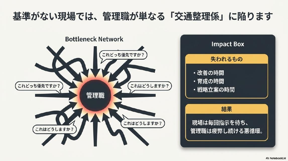 基準がない現場では、管理職が単なる「交通整理係」に陥ります。Bottleneck Network：管理職に「これどっち優先ですか？」「これはどうしますか？」が集中。Impact Box：失われるもの（改善の時間・育成の時間・戦略立案の時間）。結果：現場は毎回指示を待ち、管理職は疲弊し続ける悪循環。
