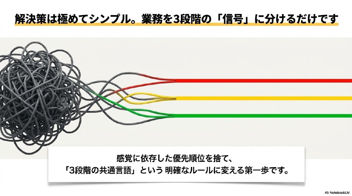 解決策は極めてシンプル。業務を3段階の「信号」に分けるだけです。感覚に依存した優先順位を捨て、「3段階の共通言語」という明確なルールに変える第一歩です。