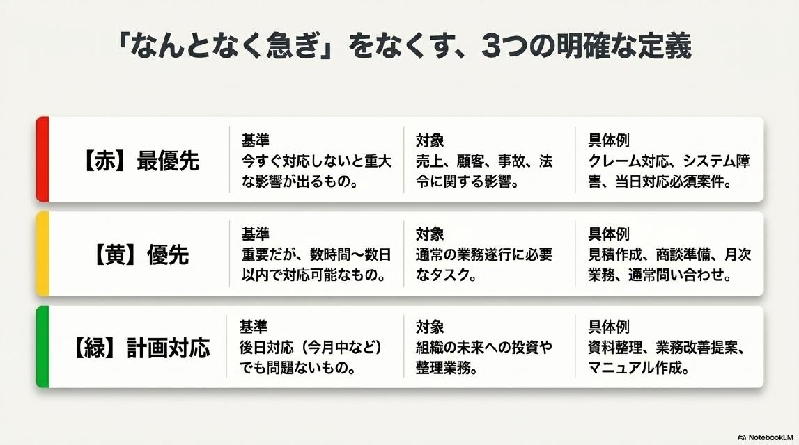 「なんとなく急ぎ」をなくす、3つの明確な定義。【赤】最優先：基準（今すぐ対応しないと重大な影響が出るもの）・対象（売上・顧客・事故・法令に関する影響）・具体例（クレーム対応・システム障害・当日対応必須案件）。【黄】優先：基準（重要だが数時間〜数日以内で対応可能なもの）・対象（通常の業務遂行に必要なタスク）・具体例（見積作成・商談準備・月次業務・通常問い合わせ）。【緑】計画対応：基準（後日対応でも問題ないもの）・対象（組織の未来への投資や整理業務）・具体例（資料整理・業務改善提案・マニュアル作成）。