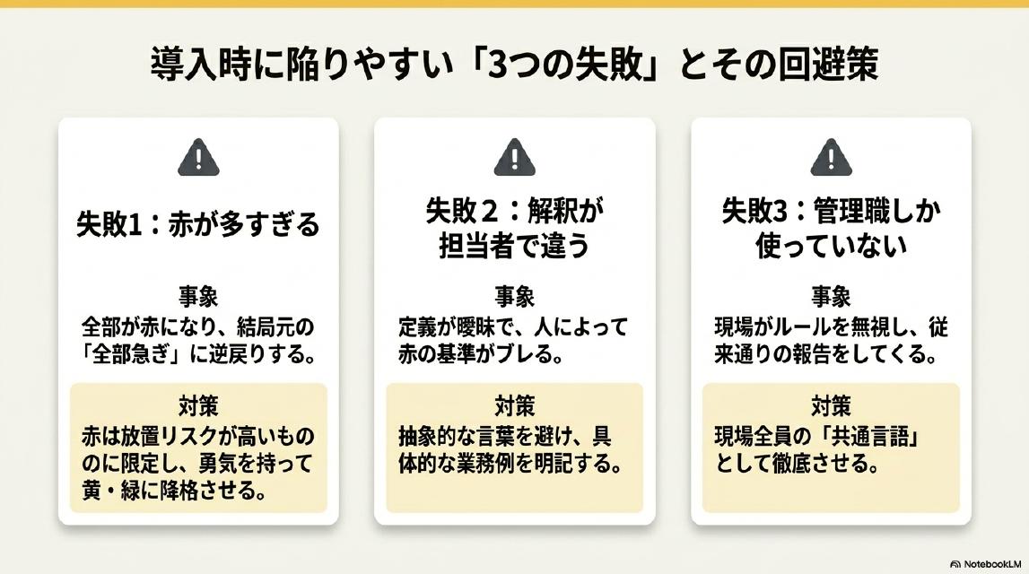 導入時に陥りやすい「3つの失敗」とその回避策。失敗1：赤が多すぎる（事象：全部が赤になり結局元の「全部急ぎ」に逆戻りする。対策：赤は放置リスクが高いものに限定し、勇気を持って黄・緑に降格させる）。失敗2：解釈が担当者で違う（事象：定義が曖昧で人によって赤の基準がブレる。対策：抽象的な言葉を避け、具体的な業務例を明記する）。失敗3：管理職しか使っていない（事象：現場がルールを無視し従来通りの報告をしてくる。対策：現場全員の「共通言語」として徹底させる）。