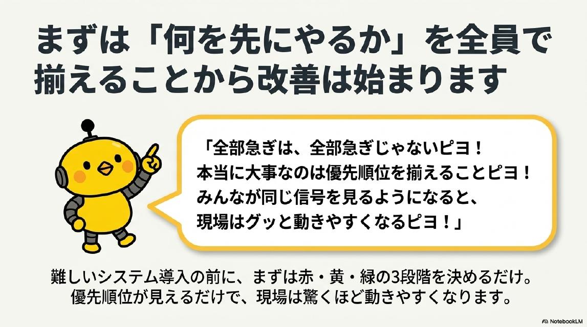 まずは「何を先にやるか」を全員で揃えることから改善は始まります。難しいシステム導入の前に、まずは赤・黄・緑の3段階を決めるだけ。優先順位が見えるだけで、現場は驚くほど動きやすくなります。カイピヨくん：「全部急ぎは、全部急ぎじゃないピヨ！本当に大事なのは優先順位を揃えることピヨ！みんなが同じ信号を見るようになると、現場はグッと動きやすくなるピヨ！」