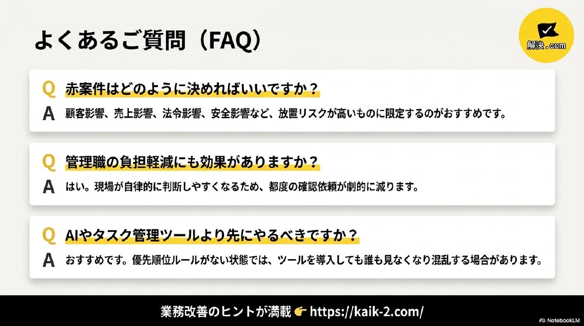 よくあるご質問（FAQ）。Q：赤案件はどのように決めればいいですか？→A：顧客影響・売上影響・法令影響・安全影響など、放置リスクが高いものに限定するのがおすすめです。Q：管理職の負担軽減にも効果がありますか？→A：はい。現場が自律的に判断しやすくなるため、都度の確認依頼が劇的に減ります。Q：AIやタスク管理ツールより先にやるべきですか？→A：おすすめです。優先順位ルールがない状態では、ツールを導入しても誰も見なくなり混乱する場合があります。業務改善のヒントが満載→https://kaik-2.com/