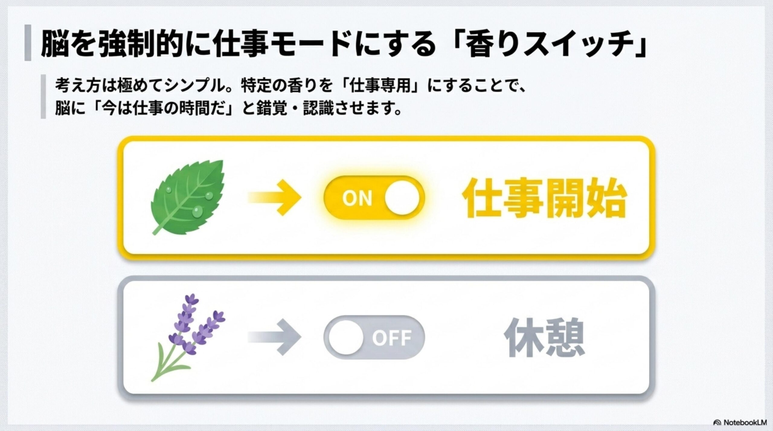 脳を強制的に仕事モードにする「香りスイッチ」。考え方は極めてシンプル。特定の香りを「仕事専用」にすることで、脳に「今は仕事の時間だ」と錯覚・認識させます。🌿→ON→仕事開始。💜ラベンダー→OFF→休憩。