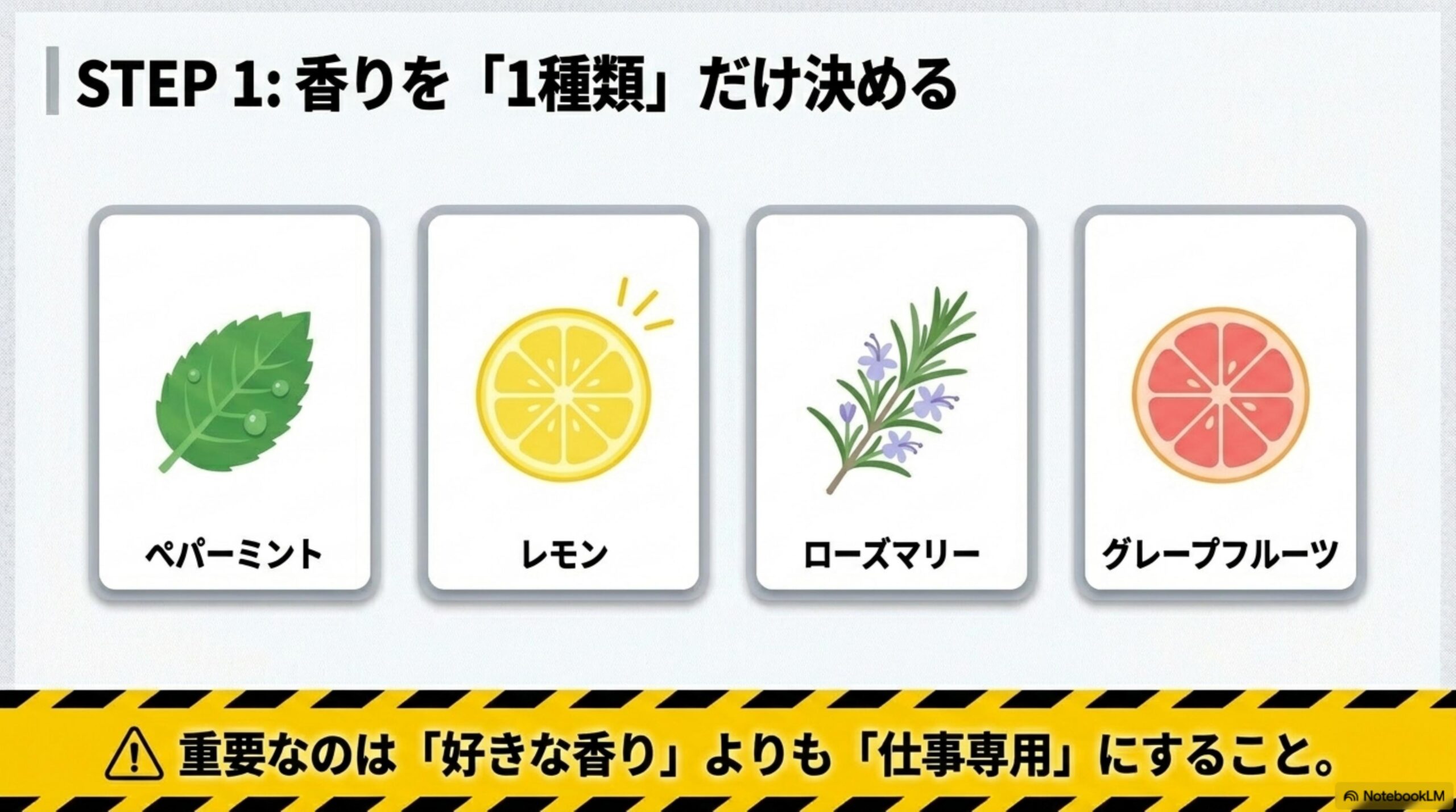 STEP1: 香りを「1種類」だけ決める。ペパーミント・レモン・ローズマリー・グレープフルーツ。重要なのは「好きな香り」よりも「仕事専用」にすること。