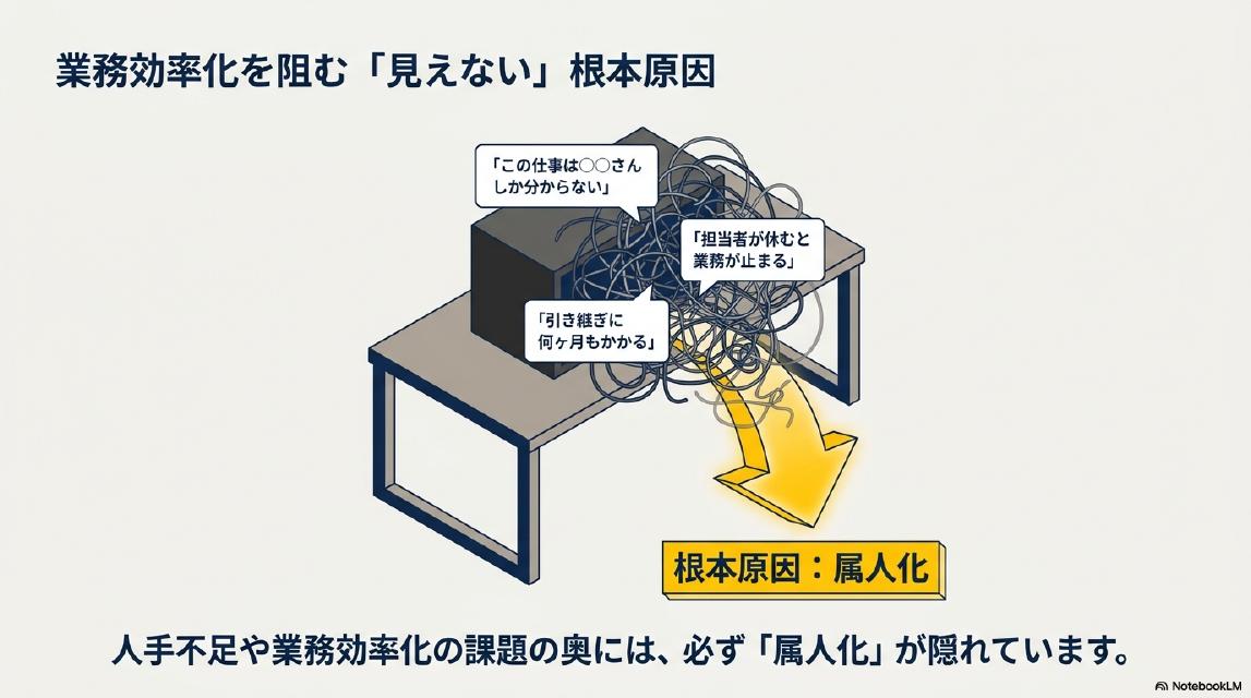 業務効率化を阻む「見えない」根本原因。「この仕事は○○さんしか分からない」「担当者が休むと業務が止まる」「引き継ぎに何ヶ月もかかる」。根本原因：属人化。人手不足や業務効率化の課題の奥には、必ず「属人化」が隠れています。