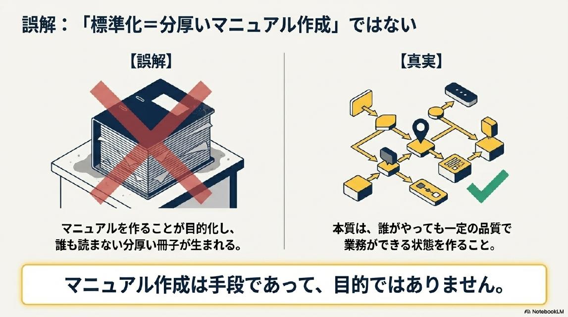 誤解：「標準化＝分厚いマニュアル作成」ではない。【誤解】マニュアルを作ることが目的化し、誰も読まない分厚い冊子が生まれる。【真実】本質は、誰がやっても一定の品質で業務ができる状態を作ること。マニュアル作成は手段であって、目的ではありません。