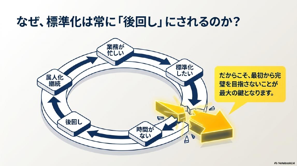 なぜ標準化は常に「後回し」にされるのか？業務が忙しい→標準化したい→時間がない→後回し→属人化継続（悪循環ループ）。だからこそ、最初から完璧を目指さないことが最大の鍵となります。