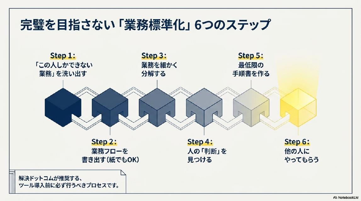 完璧を目指さない「業務標準化」6つのSTEP。Step1：「この人しかできない業務」を洗い出す。Step2：業務フローを書き出す（紙でもOK）。Step3：業務を細かく分解する。Step4：人の「判断」を見つける。Step5：最低限の手順書を作る。Step6：他の人にやってもらう。解決ドットコムが推奨する、ツール導入前に必ず行うべきプロセスです。