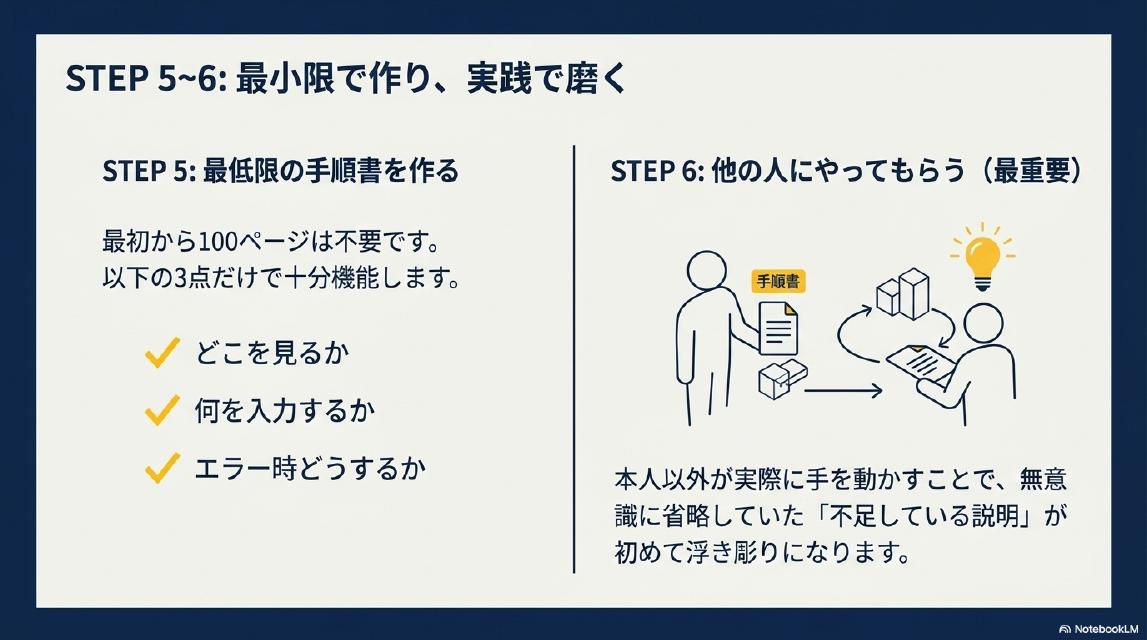 STEP5〜6：最小限で作り、実践で磨く。STEP5：最低限の手順書を作る。最初から100ページは不要です。以下の3点だけで十分機能します：どこを見るか・何を入力するか・エラー時どうするか。STEP6：他の人にやってもらう（最重要）。本人以外が実際に手を動かすことで、無意識に省略していた「不足している説明」が初めて浮き彫りになります。