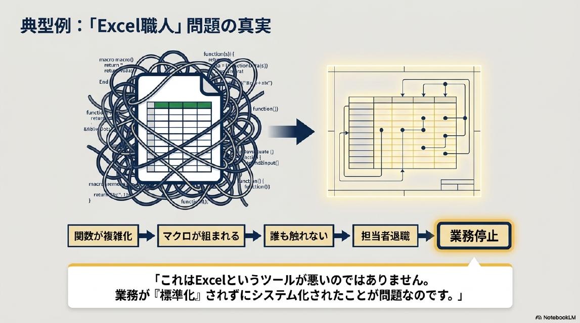 典型例：「Excel職人」問題の真実。関数が複雑化→マクロが組まれる→誰も触れない→担当者退職→業務停止。「これはExcelというツールが悪いのではありません。業務が『標準化』されずにシステム化されたことが問題なのです。」