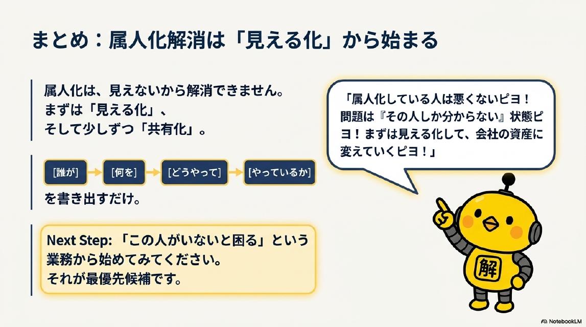 まとめ：属人化解消は「見える化」から始まる。属人化は、見えないから解消できません。まずは「見える化」、そして少しずつ「共有化」。[誰が]→[何を]→[どうやって]→[やっているか]を書き出すだけ。Next Step：「この人がいないと困る」という業務から始めてみてください。それが最優先候補です。カイピヨくん：「属人化している人は悪くないピヨ！問題は『その人しか分からない』状態ピヨ！まずは見える化して、会社の資産に変えていくピヨ！」