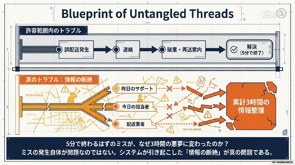 Blueprint of Untangled Threads｜5分で終わるはずのミスが、なぜ3時間の悪夢に変わったのか？ミスの発生自体が問題なのではない。システムが引き起こした「情報の断絶」が真の問題である。