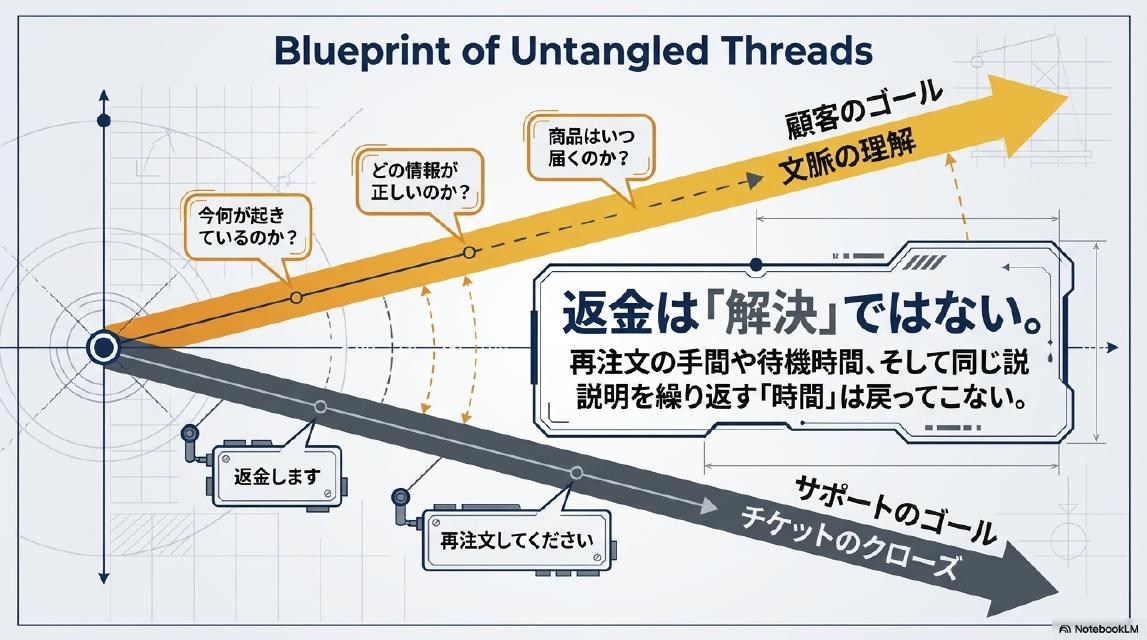 Blueprint of Untangled Threads｜顧客のゴール：文脈の理解（今何が起きているのか・どの情報が正しいのか・商品はいつ届くのか）。サポートのゴール：チケットのクローズ（返金します・再注文してください）。返金は「解決」ではない。
