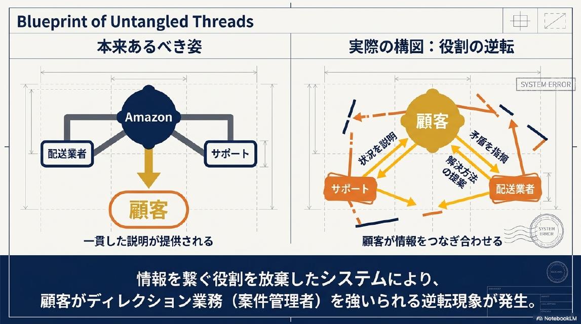 Blueprint of Untangled Threads｜本来あるべき姿：Amazonがサポート担当・配送業者を管理し顧客へ一貫した説明が提供される。実際の構図：顧客が情報をつなぎ合わせる役割の逆転。情報を繋ぐ役割を放棄したシステムにより顧客がディレクション業務（案件管理者）を強いられる逆転現象が発生。