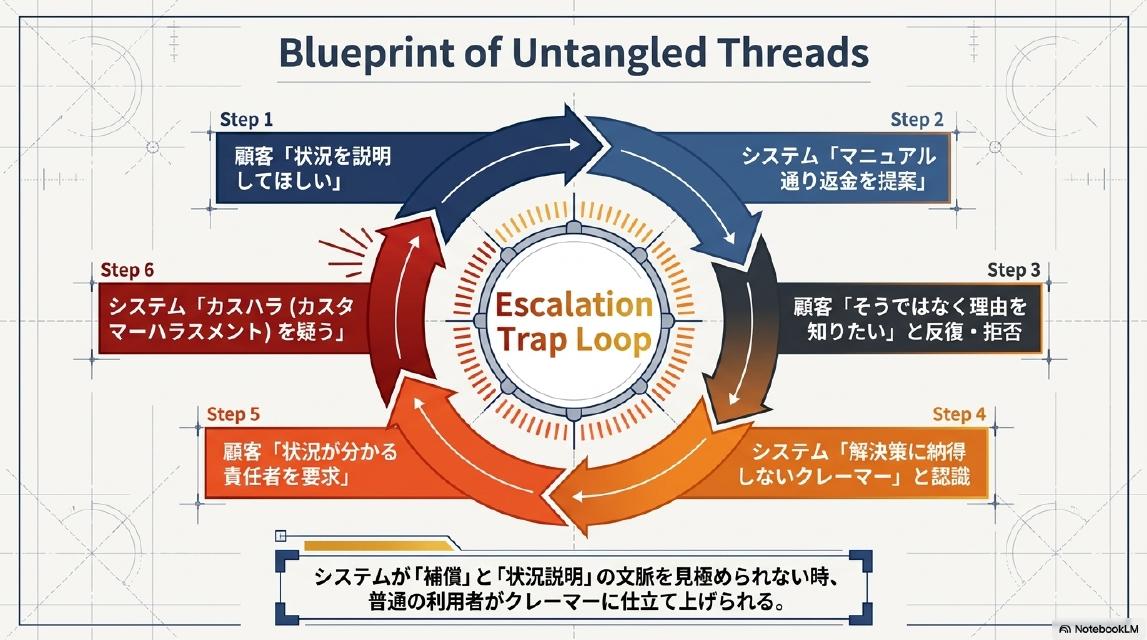 Blueprint of Untangled Threads｜Escalation Trap Loop：Step1 顧客「状況を説明してほしい」→ Step2 システム「マニュアル通り返金を提案」→ Step3 顧客「そうではなく理由を知りたい」と反復・拒否 → Step4 システム「解決策に納得しないクレーマー」と認識 → Step5 顧客「状況が分かる責任者を要求」→ Step6 システム「カスハラ（カスタマーハラスメント）を疑う」。システムが「補償」と「状況説明」の文脈を見極められない時、普通の利用者がクレーマーに仕立て上げられる。