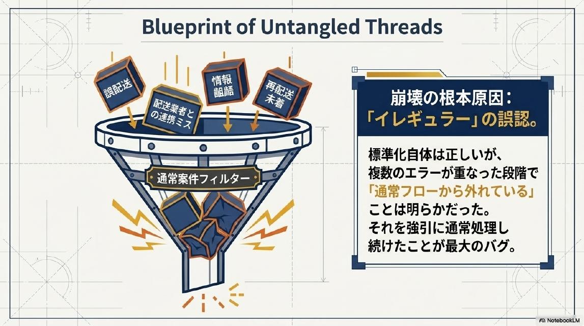 Blueprint of Untangled Threads｜崩壊の根本原因：「イレギュラー」の誤認。誤配送・配送業者との連携ミス・情報齟齬・再配送未着が通常案件フィルターに流し込まれ崩壊。標準化自体は正しいが、複数のエラーが重なった段階で「通常フローから外れている」ことは明らかだった。それを強引に通常処理し続けたことが最大のバグ。