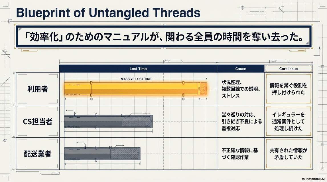 Blueprint of Untangled Threads｜「効率化」のためのマニュアルが、関わる全員の時間を奪い去った。利用者：MASSIVE LOST TIME（状況整理・複数回線での説明・ストレス。情報を繋ぐ役割を押し付けられた）。CS担当者：堂々巡りの対応・引き継ぎ不良による重複対応（イレギュラーを通常案件として処理し続けた）。配送業者：不正確な情報に基づく確認作業（共有された情報が矛盾していた）。