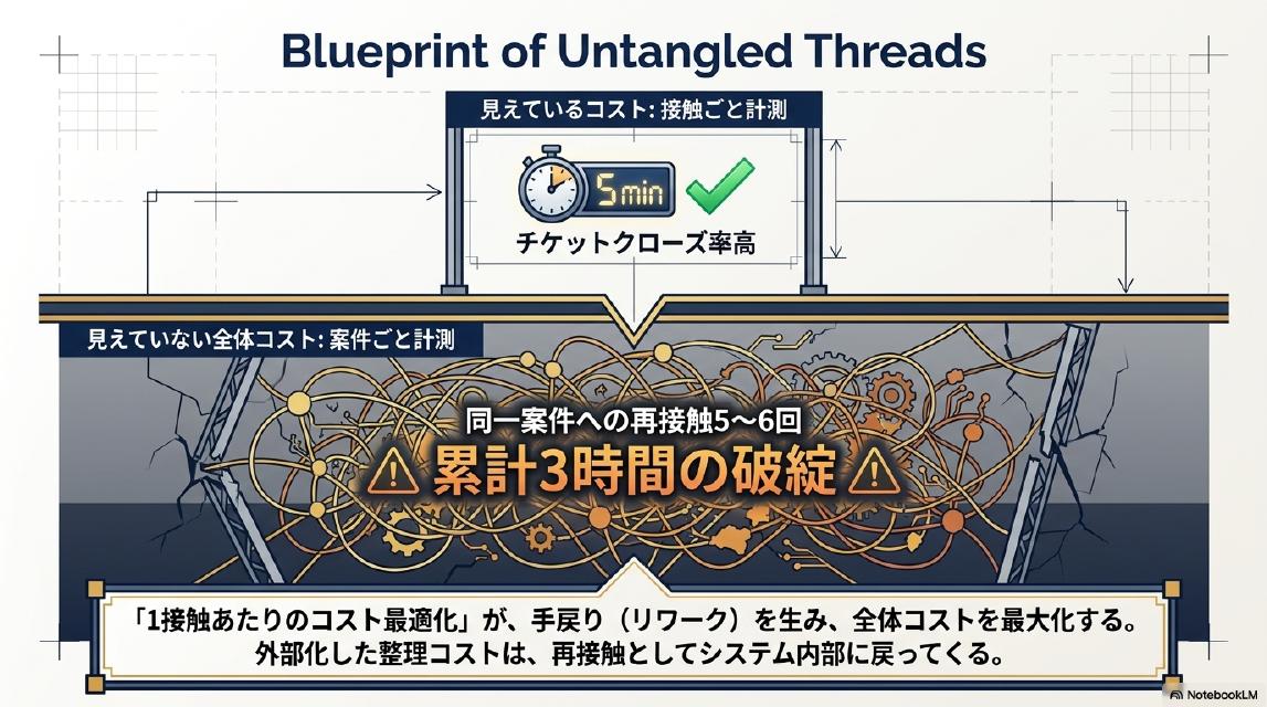 Blueprint of Untangled Threads｜見えているコスト：接触ごと計測（5min チケットクローズ率高）。見えていない全体コスト：案件ごと計測（同一案件への再接触5〜6回・累計3時間の破綻）。「1接触あたりのコスト最適化」が、手戻り（リワーク）を生み、全体コストを最大化する。外部化した整理コストは、再接触としてシステム内部に戻ってくる。