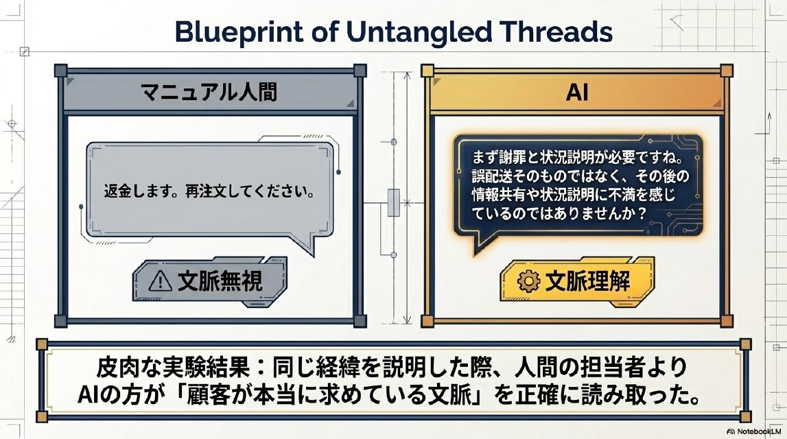 Blueprint of Untangled Threads｜マニュアル人間：「返金します。再注文してください。」文脈無視。AI：「まず謝罪と状況説明が必要ですね。誤配送そのものではなく、その後の情報共有や状況説明に不満を感じているのではありませんか？」文脈理解。皮肉な実験結果：同じ経緯を説明した際、人間の担当者よりAIの方が「顧客が本当に求めている文脈」を正確に読み取った。
