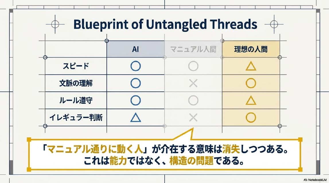 Blueprint of Untangled Threads｜比較表：AI・マニュアル人間・理想の人間。スピード：AI○・マニュアル人間○・理想の人間△。文脈の理解：AI○・マニュアル人間×・理想の人間○。ルール遵守：AI○・マニュアル人間○・理想の人間△。イレギュラー判断：AI△・マニュアル人間×・理想の人間○。「マニュアル通りに動く人」が介在する意味は消失しつつある。これは能力ではなく、構造の問題である。