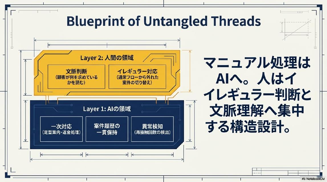 Blueprint of Untangled Threads｜Layer 1: AIの領域（一次対応：定型案内・返金処理、案件履歴の一貫保持、異常検知：再接触回数の検出）。Layer 2: 人間の領域（文脈判断：顧客が何を求めているかを読む、イレギュラー対応：通常フローから外れた案件の切り替え）。マニュアル処理はAIへ。人はイレギュラー判断と文脈理解へ集中する構造設計。