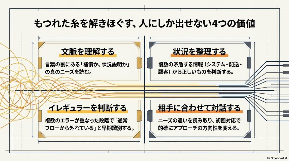 もつれた糸を解きほぐす、人にしか出せない4つの価値。文脈を理解する：言葉の裏にある「補償か、状況説明か」の真のニーズを読む。状況を整理する：複数の矛盾する情報（システム・配送・顧客）から正しいものを判断する。イレギュラーを判断する：複数のエラーが重なった段階で「通常フローから外れている」と早期識別する。相手に合わせて対話する：ニーズの違いを読み取り、初回対応で的確にアプローチの方向性を変える。