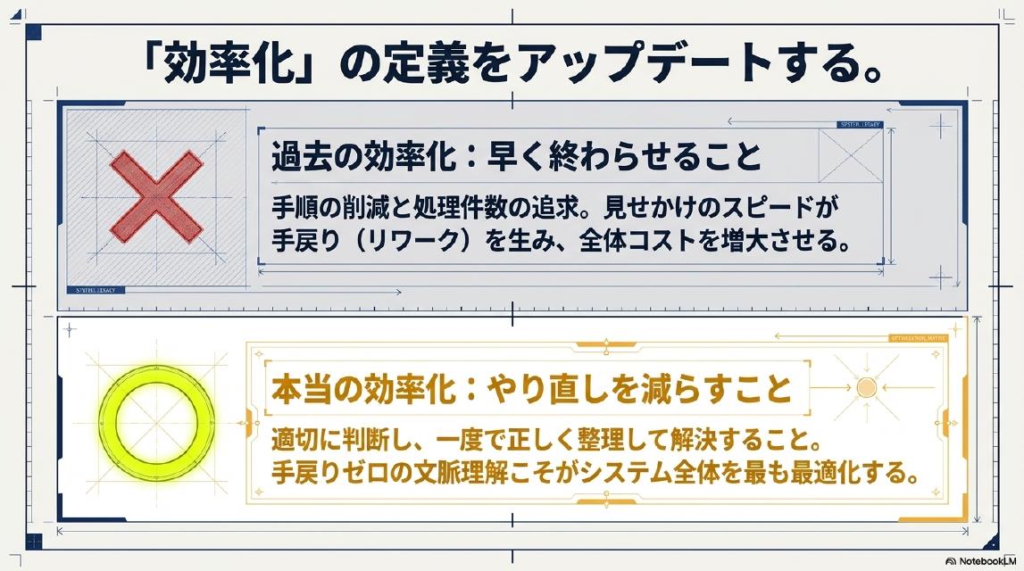「効率化」の定義をアップデートする。×過去の効率化：早く終わらせること（手順の削減と処理件数の追求。見せかけのスピードが手戻り（リワーク）を生み、全体コストを増大させる）。✓本当の効率化：やり直しを減らすこと（適切に判断し、一度で正しく整理して解決すること。手戻りゼロの文脈理解こそがシステム全体を最も最適化する）。