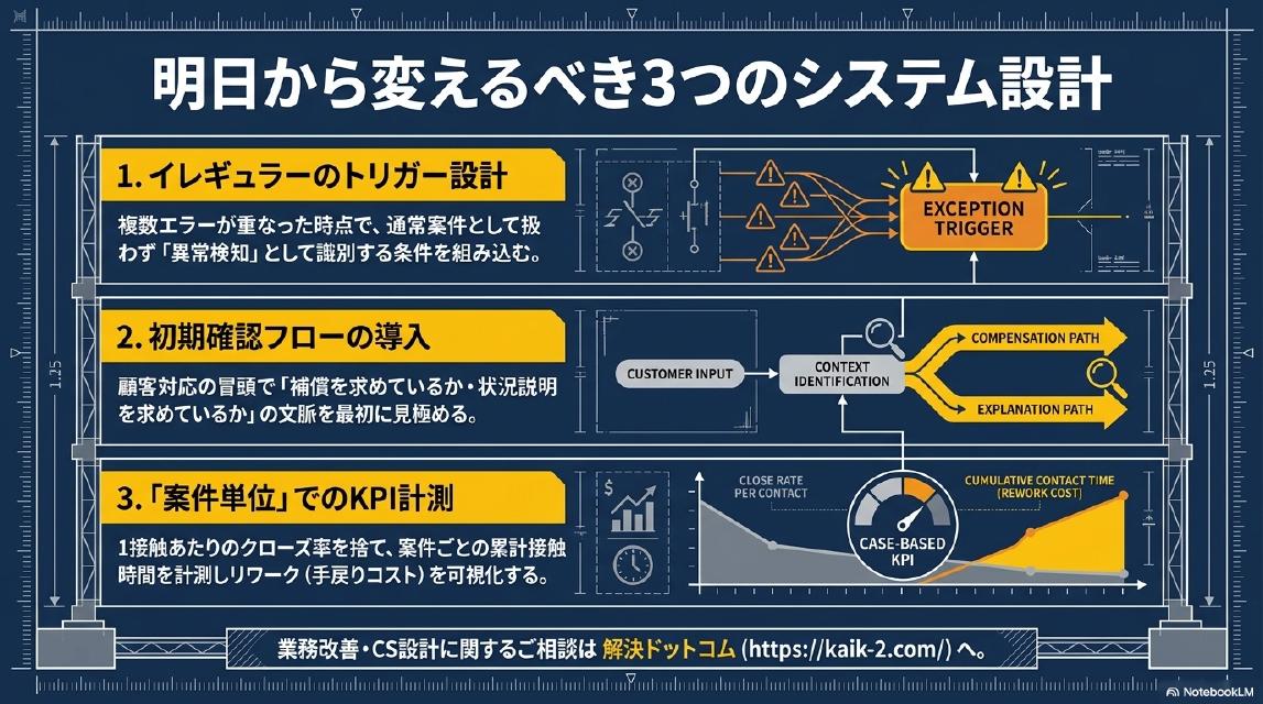 明日から変えるべき3つのシステム設計。1. イレギュラーのトリガー設計：複数エラーが重なった時点で、通常案件として扱わず「異常検知」として識別する条件を組み込む。2. 初期確認フローの導入：顧客対応の冒頭で「補償を求めているか・状況説明を求めているか」の文脈を最初に見極める。3. 「案件単位」でのKPI計測：1接触あたりのクローズ率を捨て、案件ごとの累計接触時間を計測しリワーク（手戻りコスト）を可視化する。業務改善・CS設計に関するご相談は解決ドットコムへ。