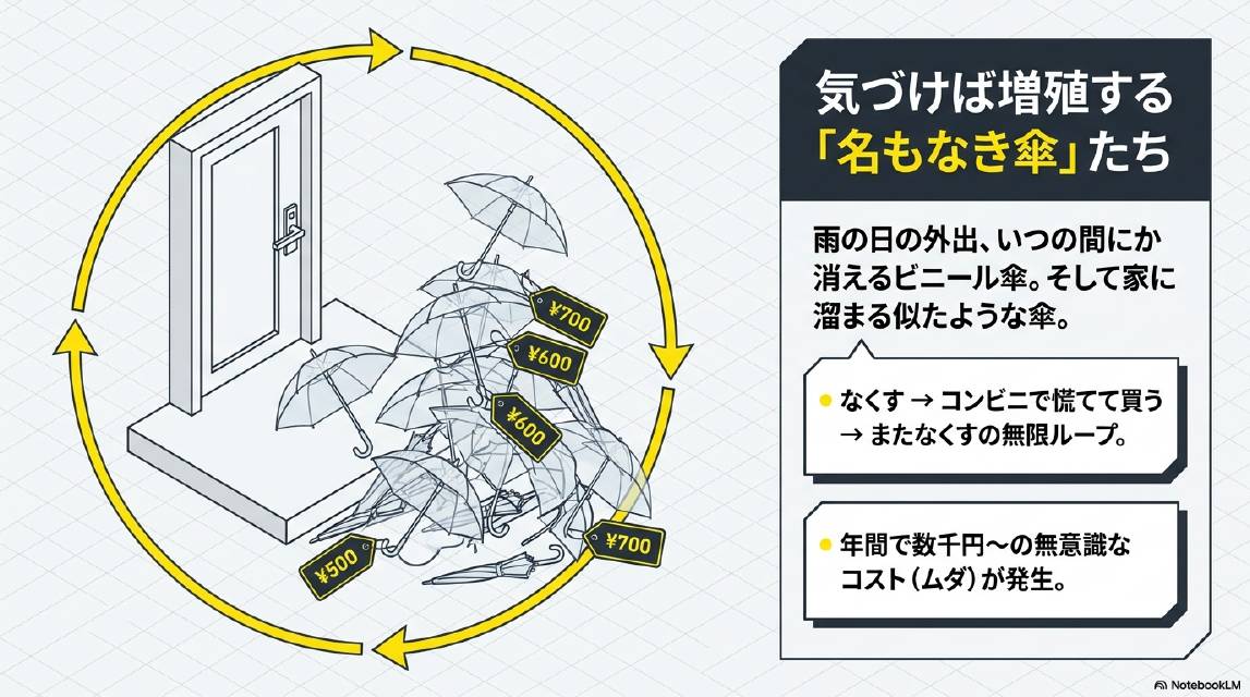 気づけば増殖する名もなき傘たち。雨の日の外出いつの間にか消えるビニール傘そして家に溜まる似たような傘。なくす→コンビニで慌てて買う→またなくすの無限ループ。年間で数千円〜の無意識なコスト（ムダ）が発生。