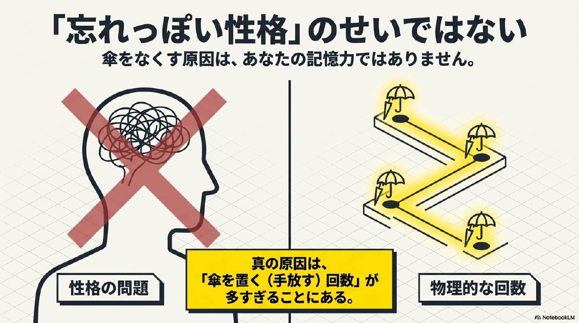 忘れっぽい性格のせいではない。傘をなくす原因はあなたの記憶力ではありません。性格の問題（NG）ではなく真の原因は傘を置く（手放す）回数が多すぎることにある（物理的な回数）。